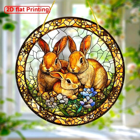 Suncatcher Bunny Rabbits Flowers Hanging Window Decor Colorful In/Outdoor Spring - Picture 1 of 4